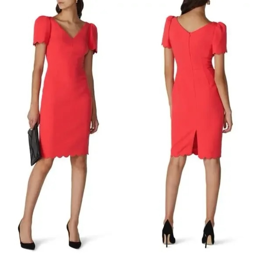 LK Bennett Red Sheath Dress with Puff Sleeves and V-Neck
